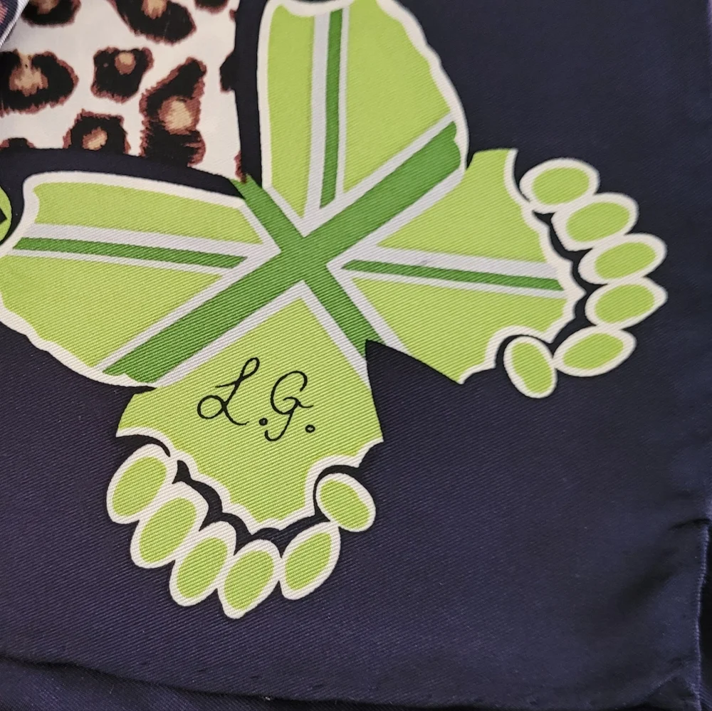 Lulu Guinness 100% Silk Scarf - Leopard & Green Butterfly Print - 26